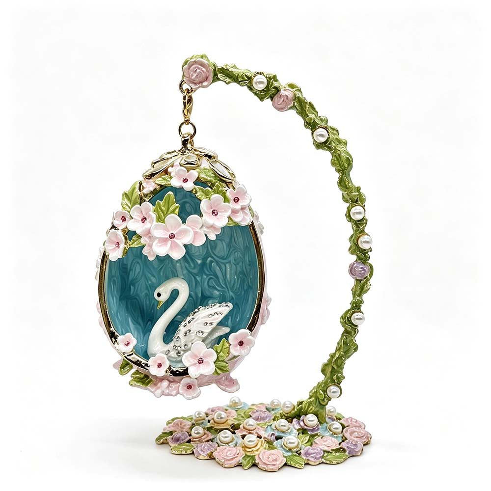 Handcrafted Swan Enamel Jewelry Box | Fabergé Style Hanging Egg with Czech Crystals & Pearls, Luxury Gift for Her