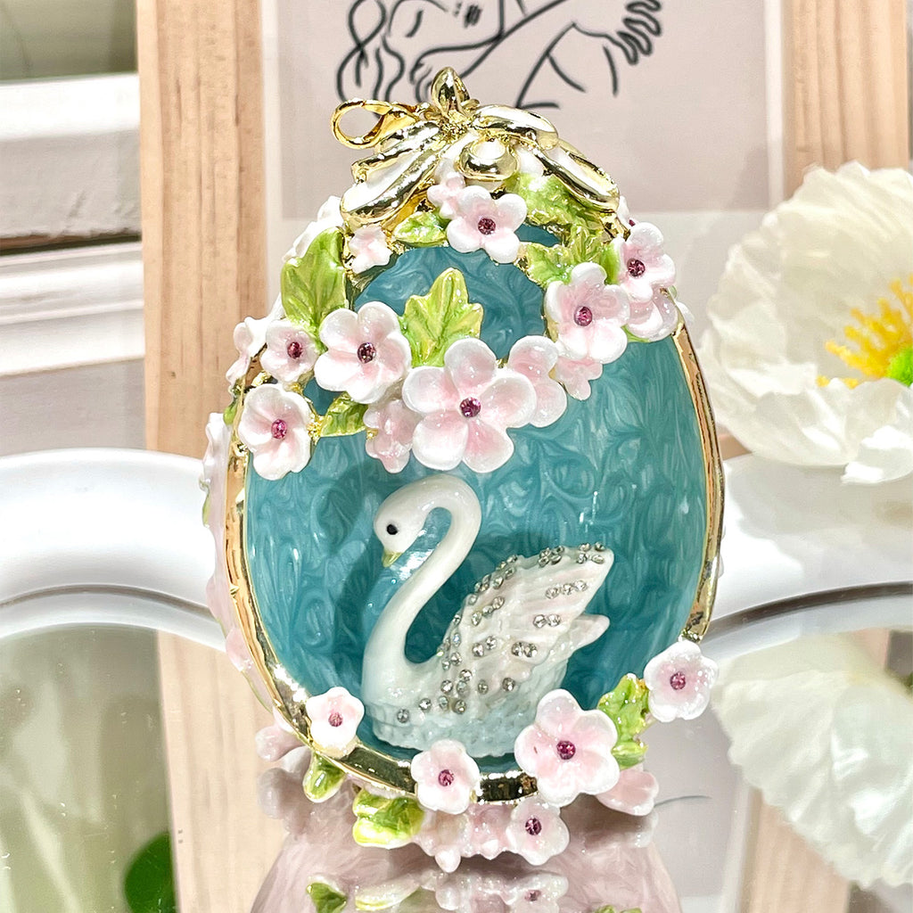 Handcrafted Swan Enamel Jewelry Box | Fabergé Style Hanging Egg with Czech Crystals & Pearls, Luxury Gift for Her