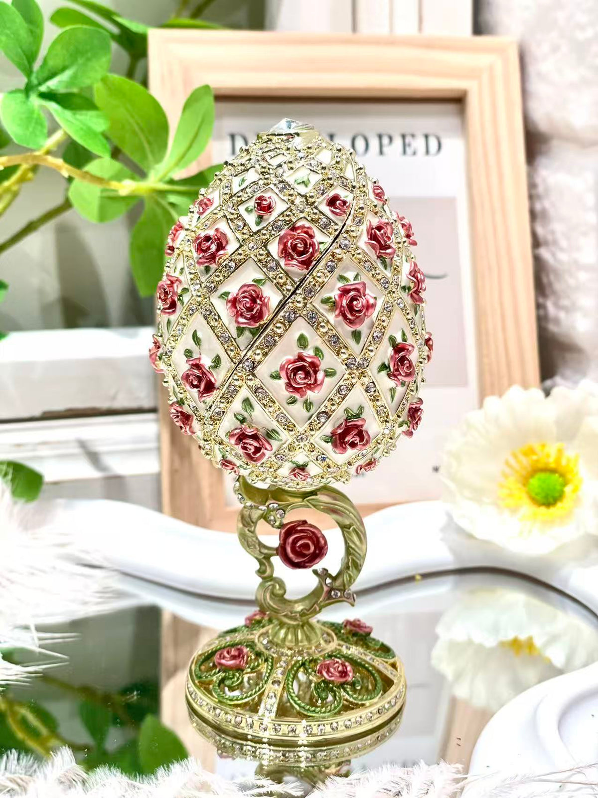 Handmade enamel-painted Russian egg jewelry box