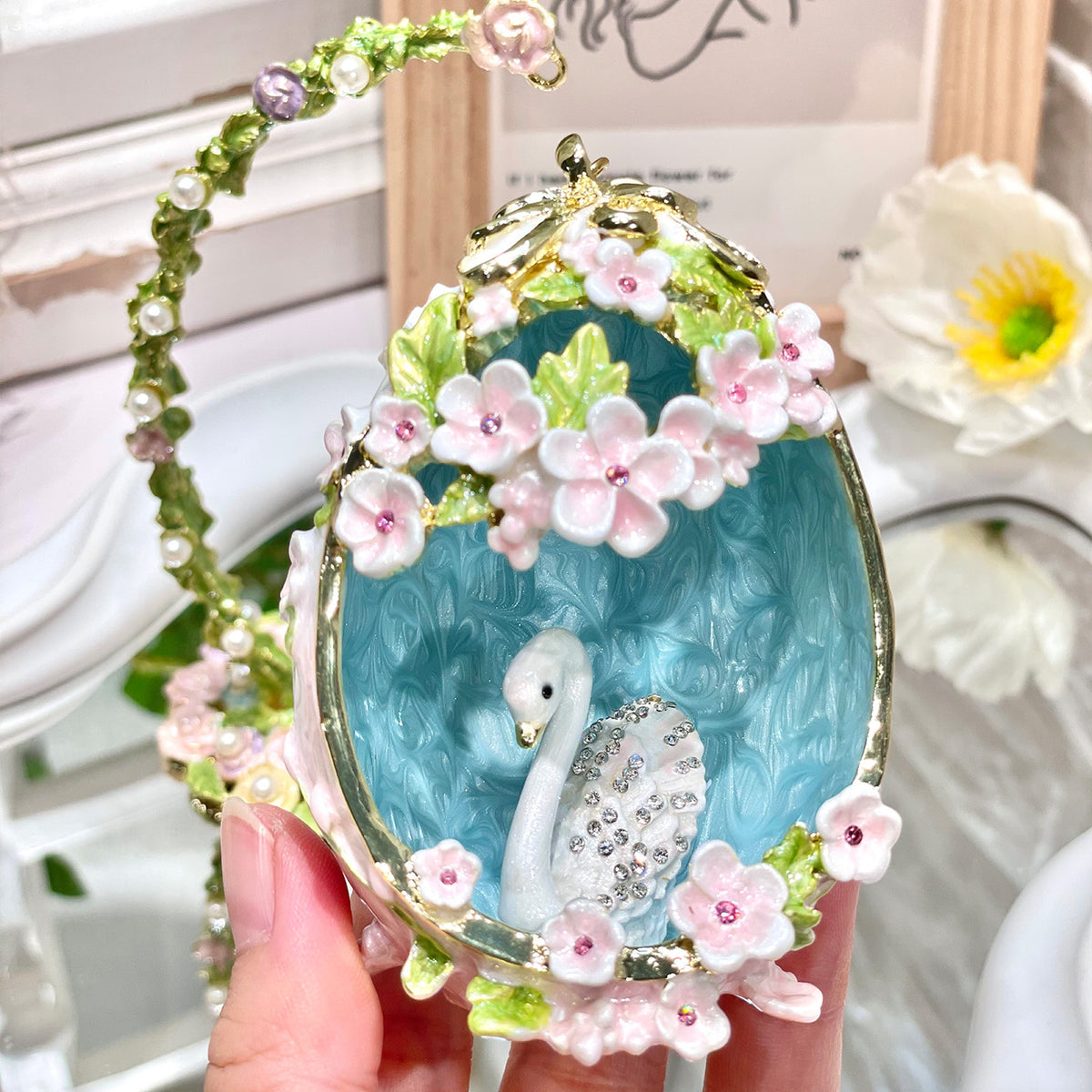 Handcrafted Swan Enamel Jewelry Box | Fabergé Style Hanging Egg with Czech Crystals & Pearls, Luxury Gift for Her