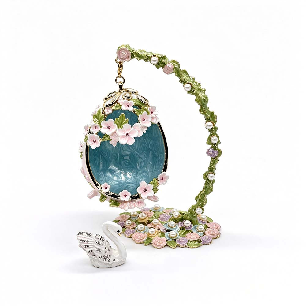 Handcrafted Swan Enamel Jewelry Box | Fabergé Style Hanging Egg with Czech Crystals & Pearls, Luxury Gift for Her