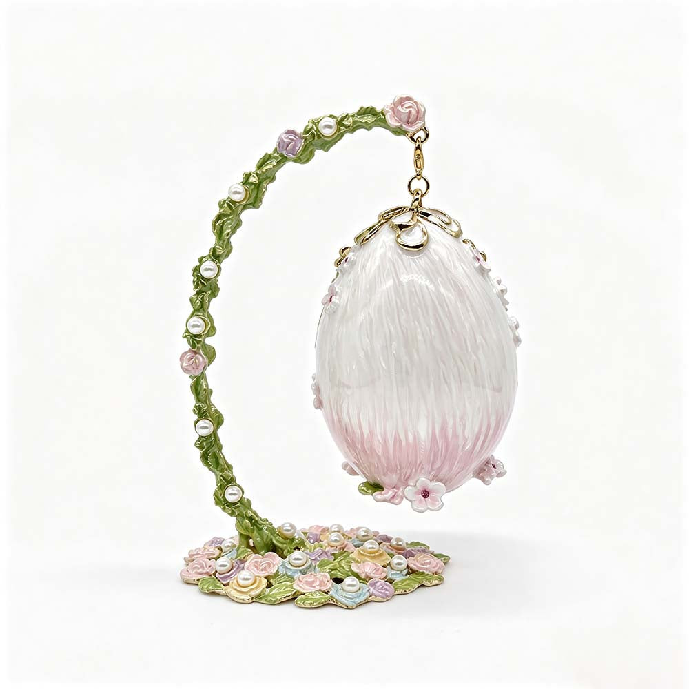 Handcrafted Swan Enamel Jewelry Box | Fabergé Style Hanging Egg with Czech Crystals & Pearls, Luxury Gift for Her