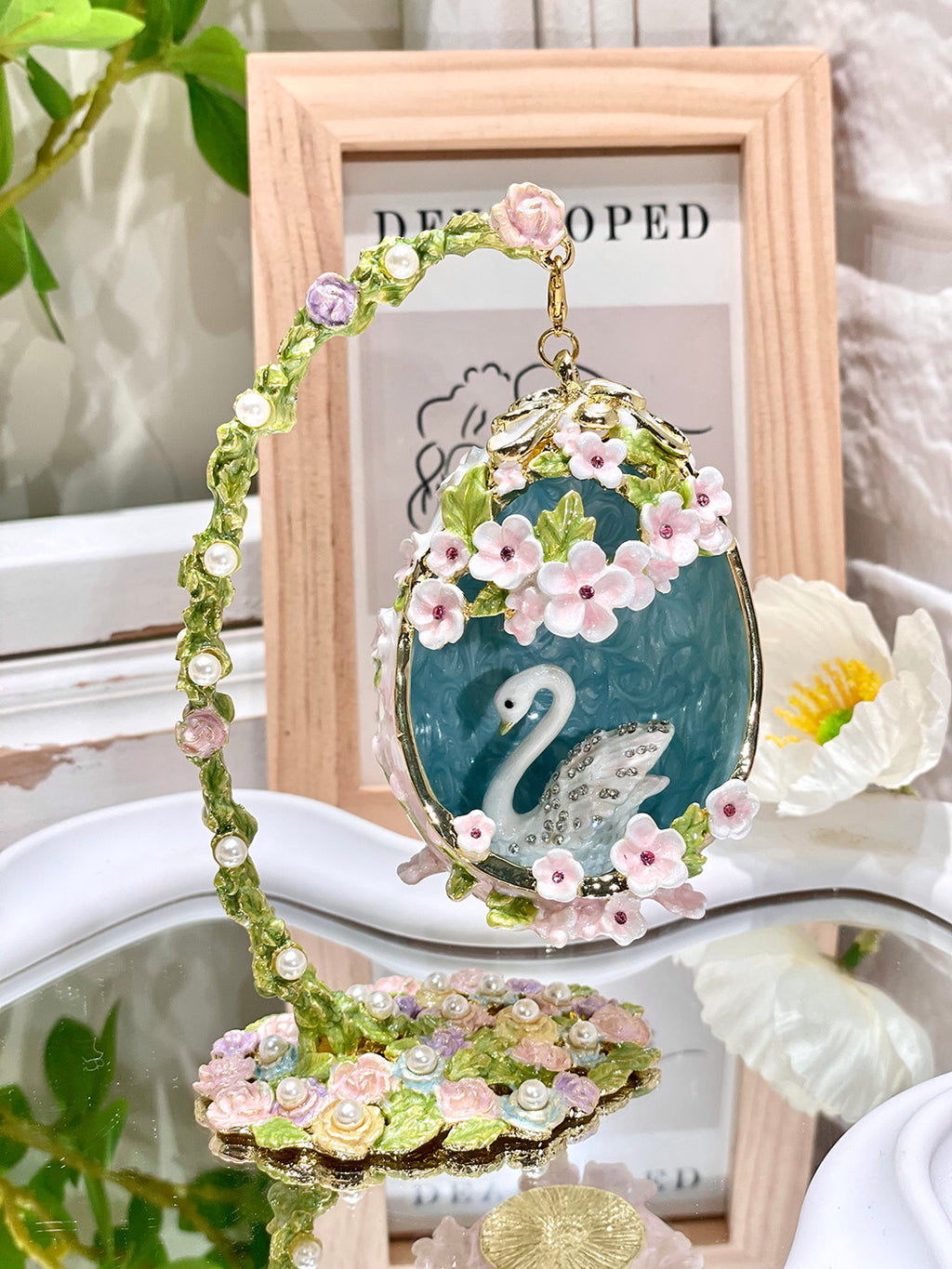 Handcrafted Swan Enamel Jewelry Box | Fabergé Style Hanging Egg with Czech Crystals & Pearls, Luxury Gift for Her