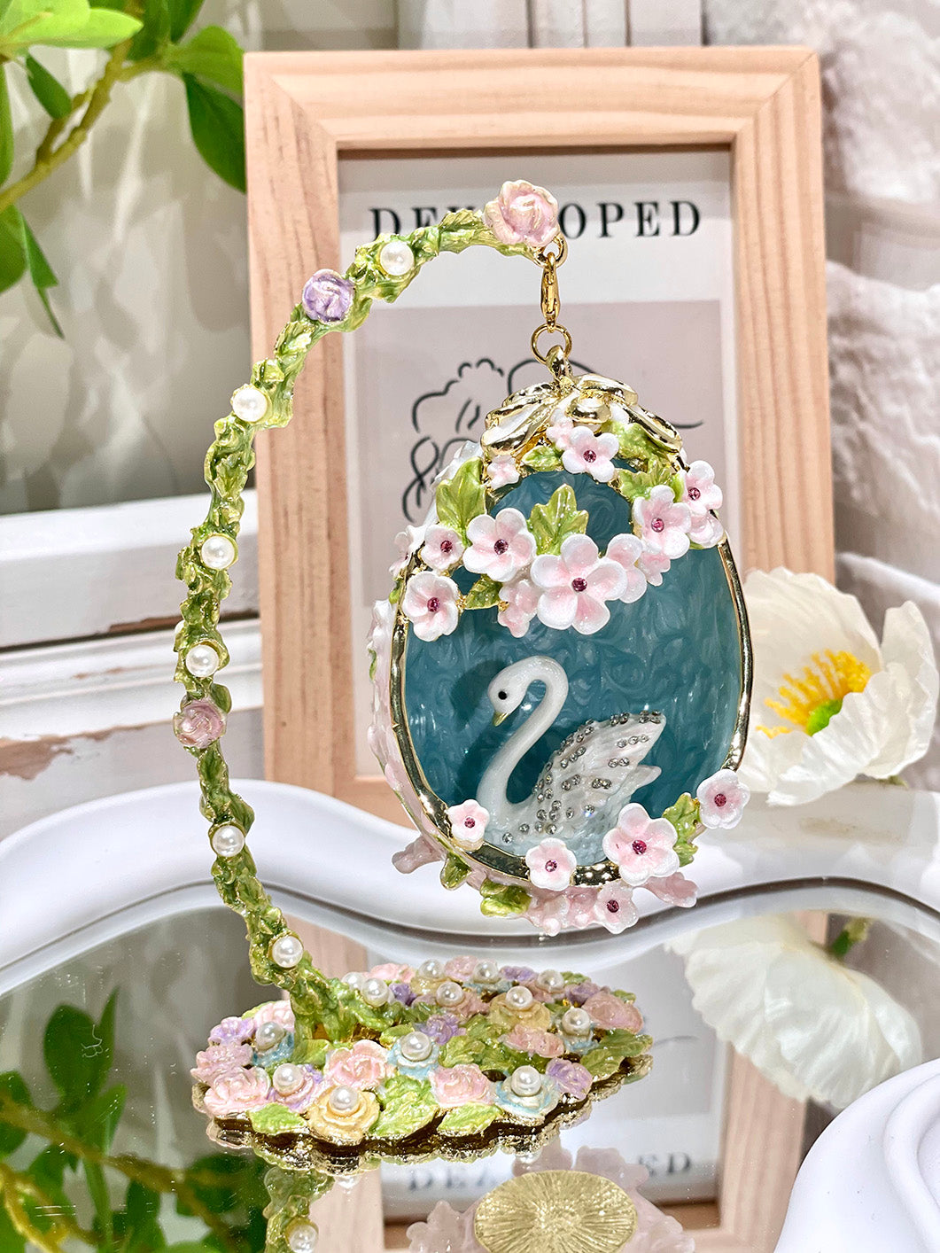 Handcrafted Swan Enamel Jewelry Box | Fabergé Style Hanging Egg with Czech Crystals & Pearls, Luxury Gift for Her
