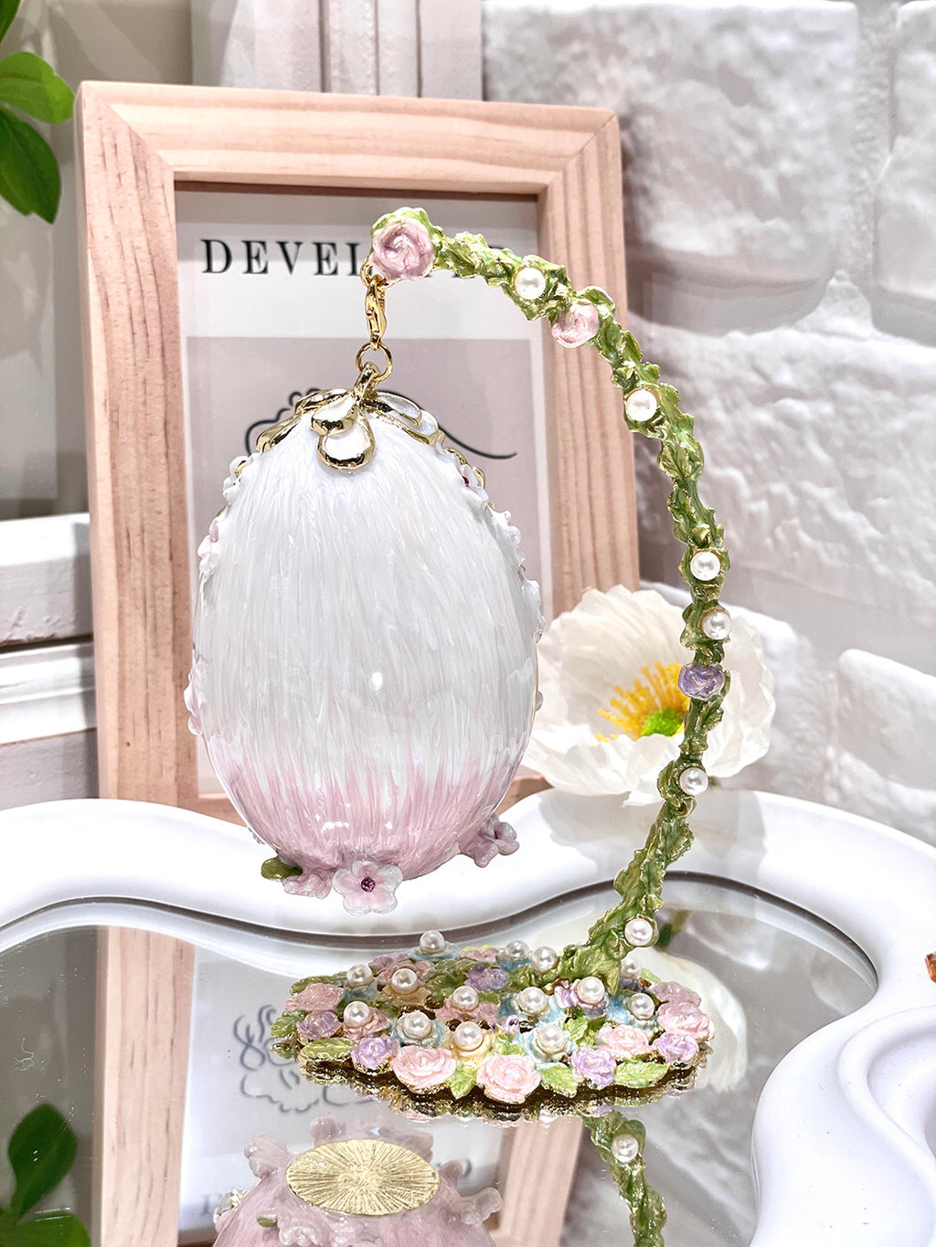 Handcrafted Swan Enamel Jewelry Box | Fabergé Style Hanging Egg with Czech Crystals & Pearls, Luxury Gift for Her