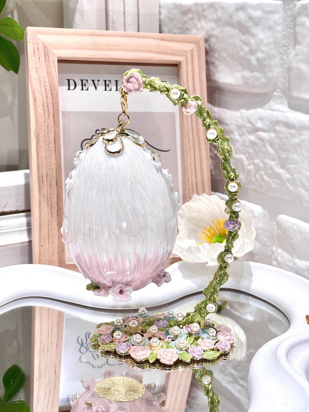 Handcrafted Swan Enamel Jewelry Box | Fabergé Style Hanging Egg with Czech Crystals & Pearls, Luxury Gift for Her