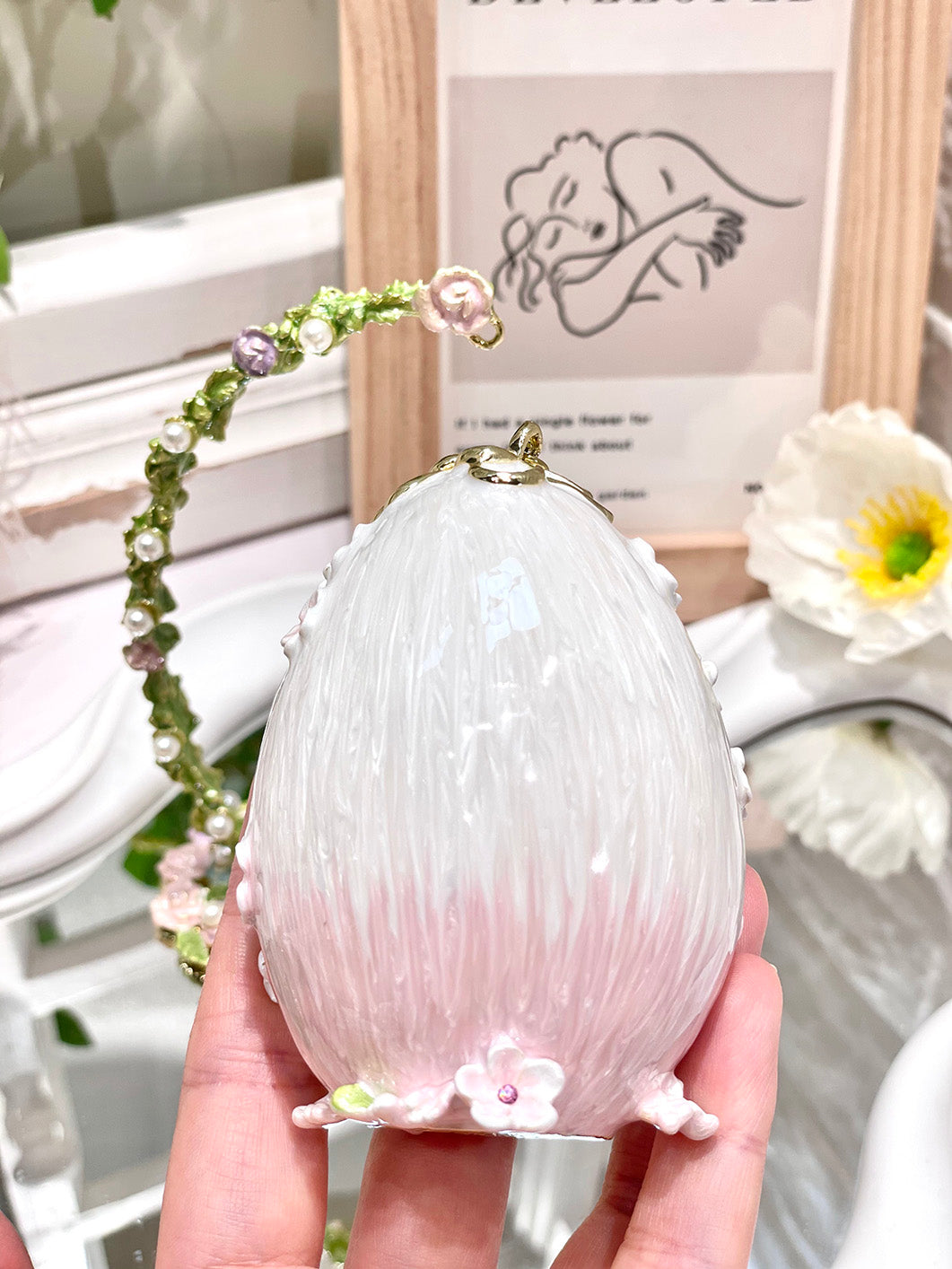Handcrafted Swan Enamel Jewelry Box | Fabergé Style Hanging Egg with Czech Crystals & Pearls, Luxury Gift for Her