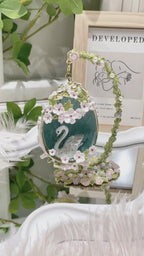 Handcrafted Swan Enamel Jewelry Box | Fabergé Style Hanging Egg with Czech Crystals & Pearls, Luxury Gift for Her