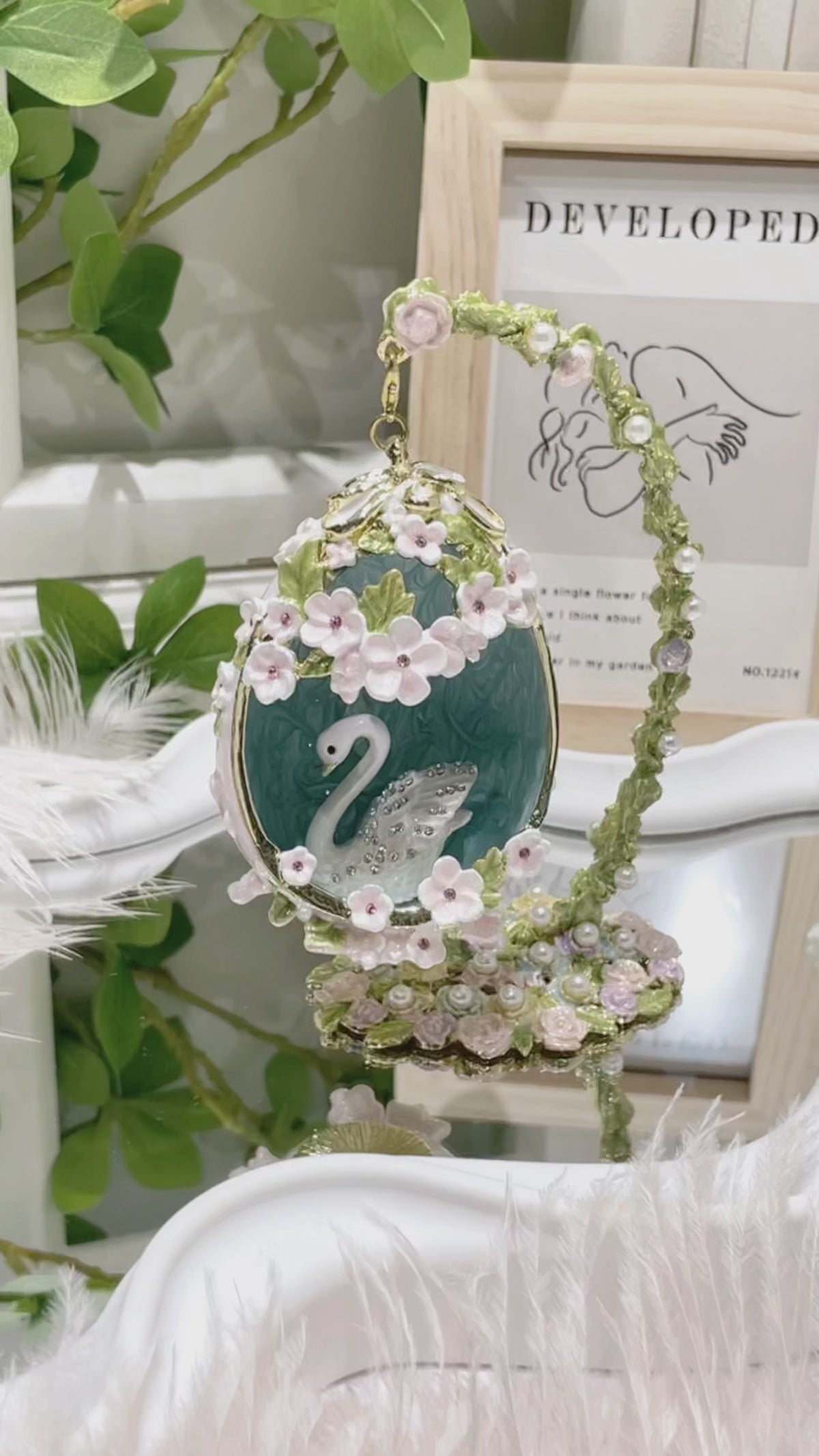 Handcrafted Swan Enamel Jewelry Box | Fabergé Style Hanging Egg with Czech Crystals & Pearls, Luxury Gift for Her